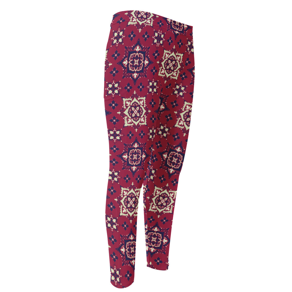 Red Boho Flower Pattern Print Men's Compression Pants