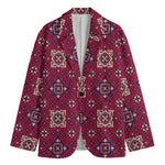 Red Boho Flower Pattern Print Men's Cotton Blazer