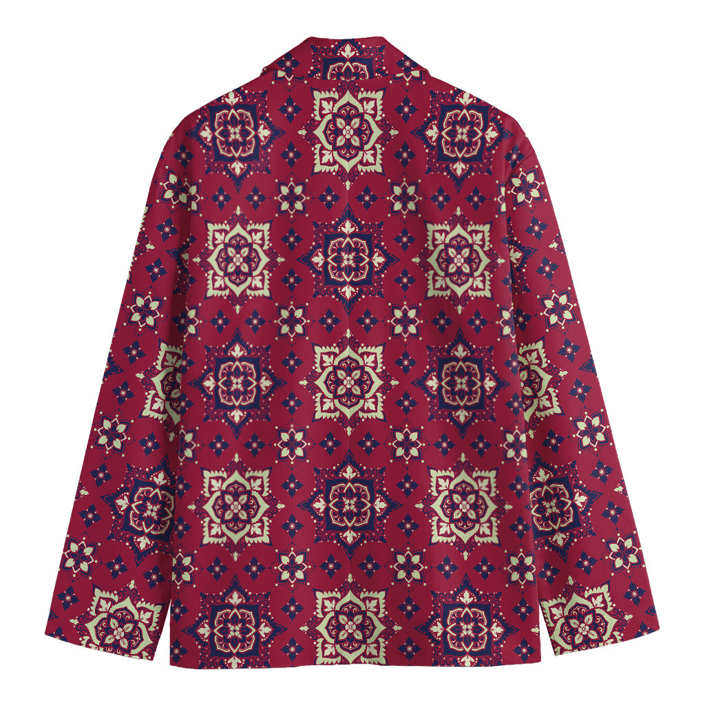 Red Boho Flower Pattern Print Men's Cotton Blazer