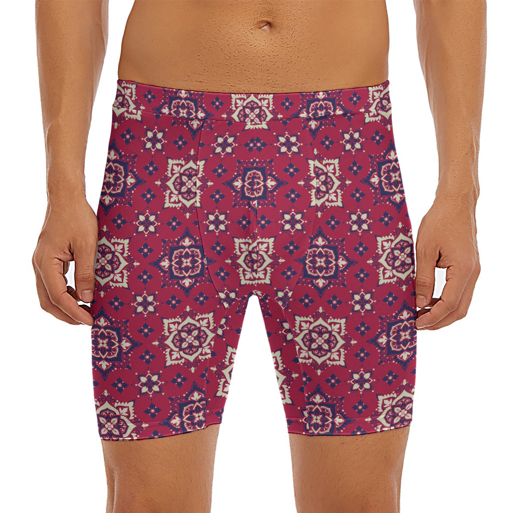 Red Boho Flower Pattern Print Men's Long Boxer Briefs