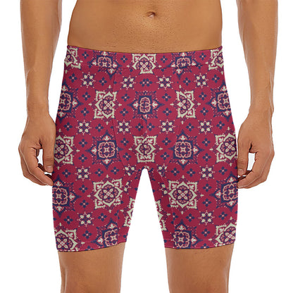 Red Boho Flower Pattern Print Men's Long Boxer Briefs