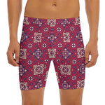 Red Boho Flower Pattern Print Men's Long Boxer Briefs