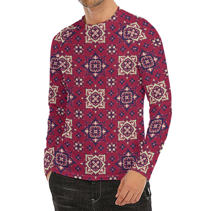 Red Boho Flower Pattern Print Men's Long Sleeve Rash Guard