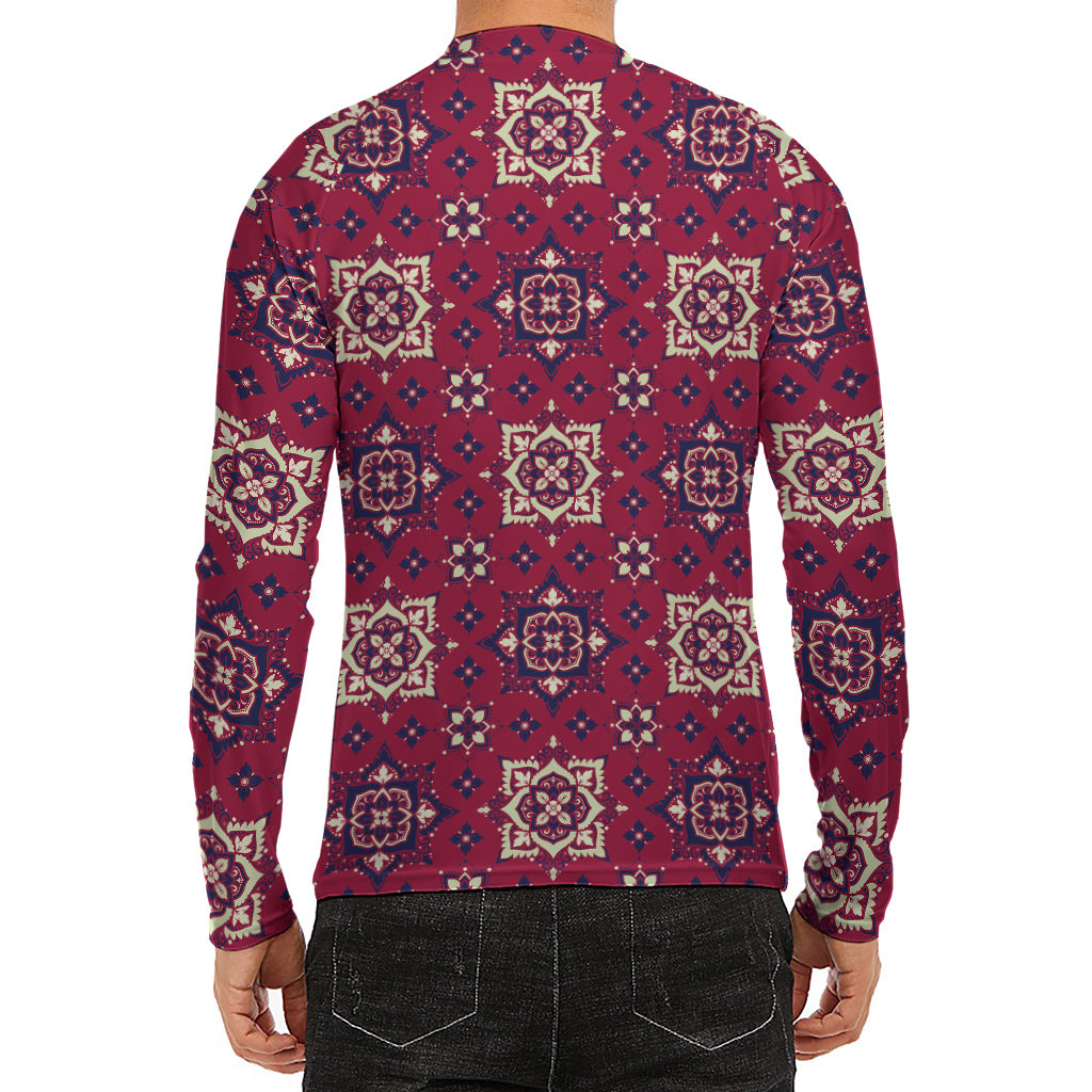 Red Boho Flower Pattern Print Men's Long Sleeve Rash Guard