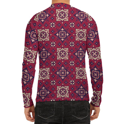 Red Boho Flower Pattern Print Men's Long Sleeve Rash Guard