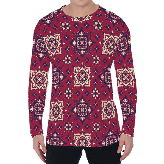 Red Boho Flower Pattern Print Men's Long Sleeve T-Shirt