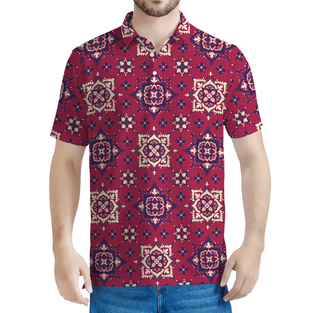 Red Boho Flower Pattern Print Men's Polo Shirt