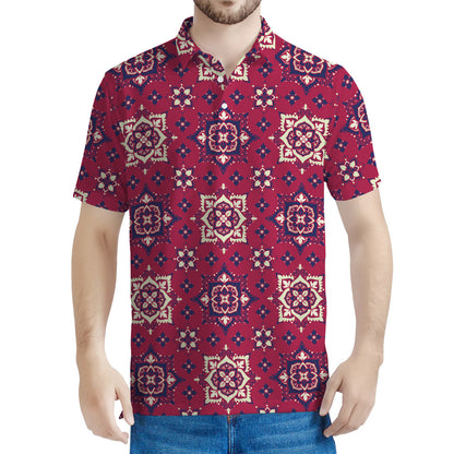 Red Boho Flower Pattern Print Men's Polo Shirt