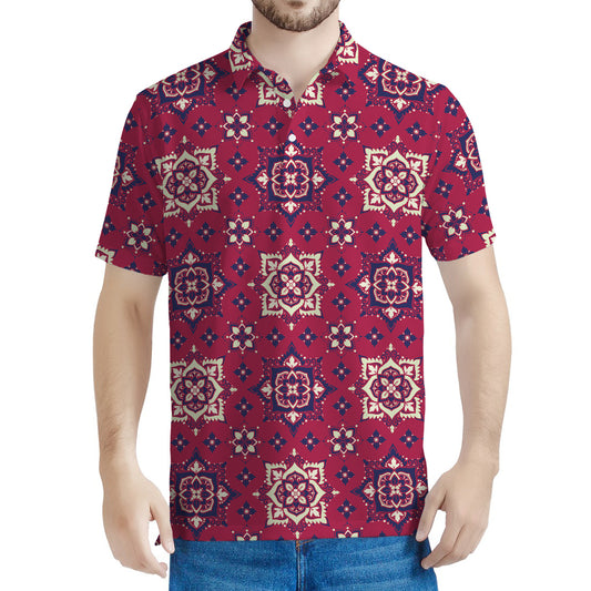 Red Boho Flower Pattern Print Men's Polo Shirt