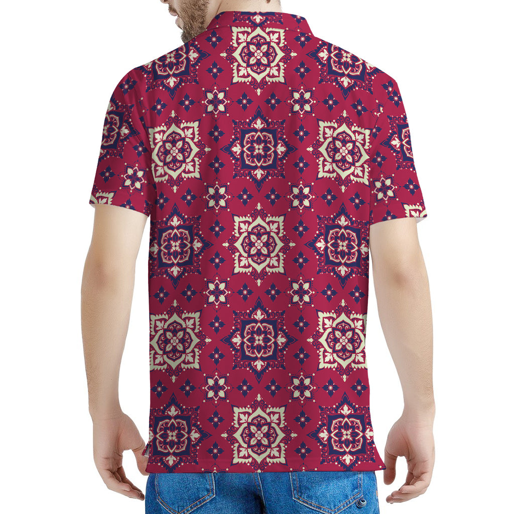 Red Boho Flower Pattern Print Men's Polo Shirt