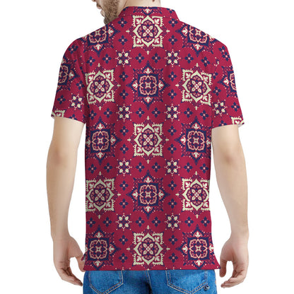 Red Boho Flower Pattern Print Men's Polo Shirt