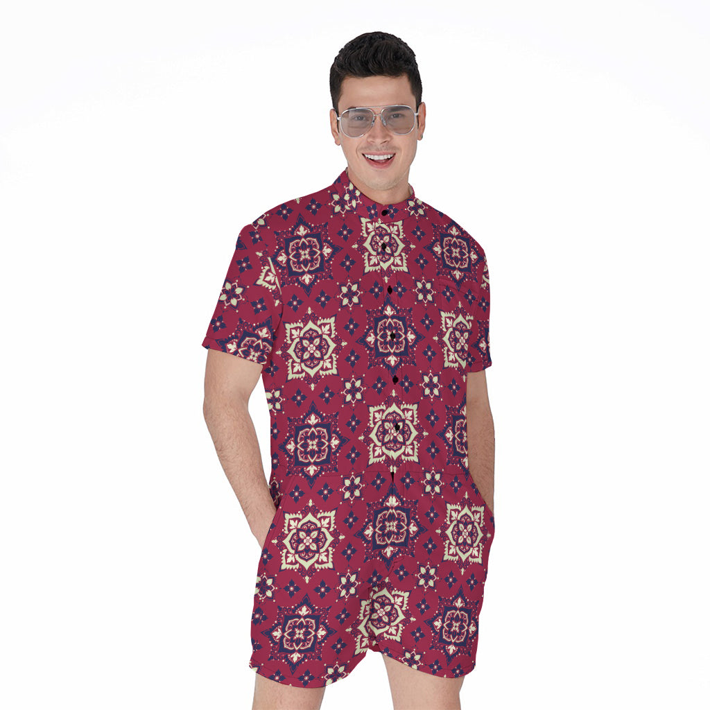 Red Boho Flower Pattern Print Men's Rompers