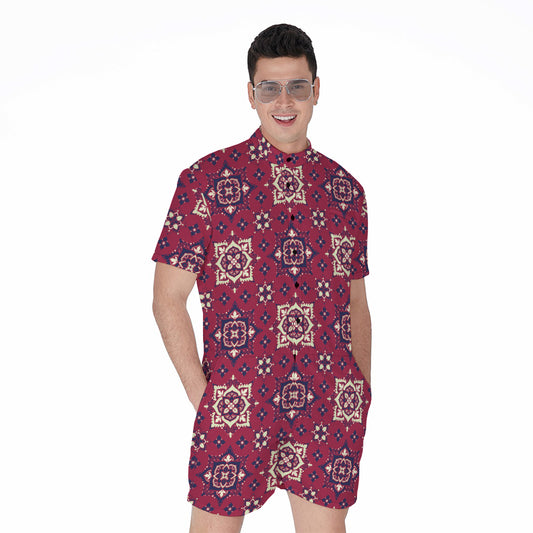 Red Boho Flower Pattern Print Men's Rompers