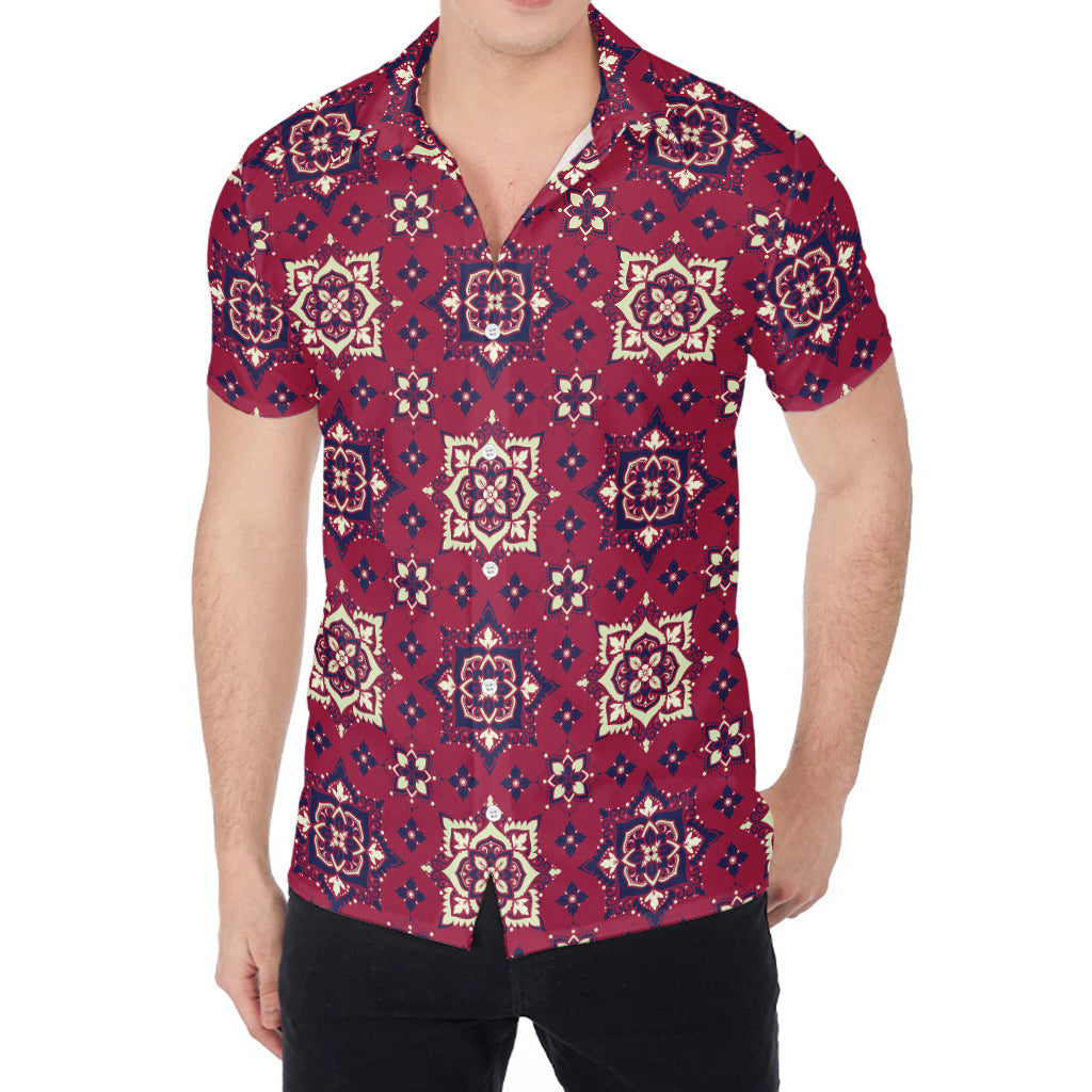 Red Boho Flower Pattern Print Men's Shirt