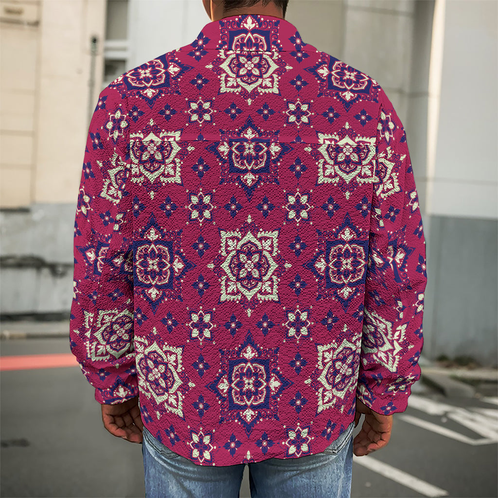 Red Boho Flower Pattern Print Men's Shirt Jacket