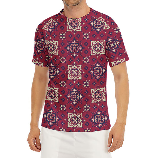 Red Boho Flower Pattern Print Men's Short Sleeve Rash Guard