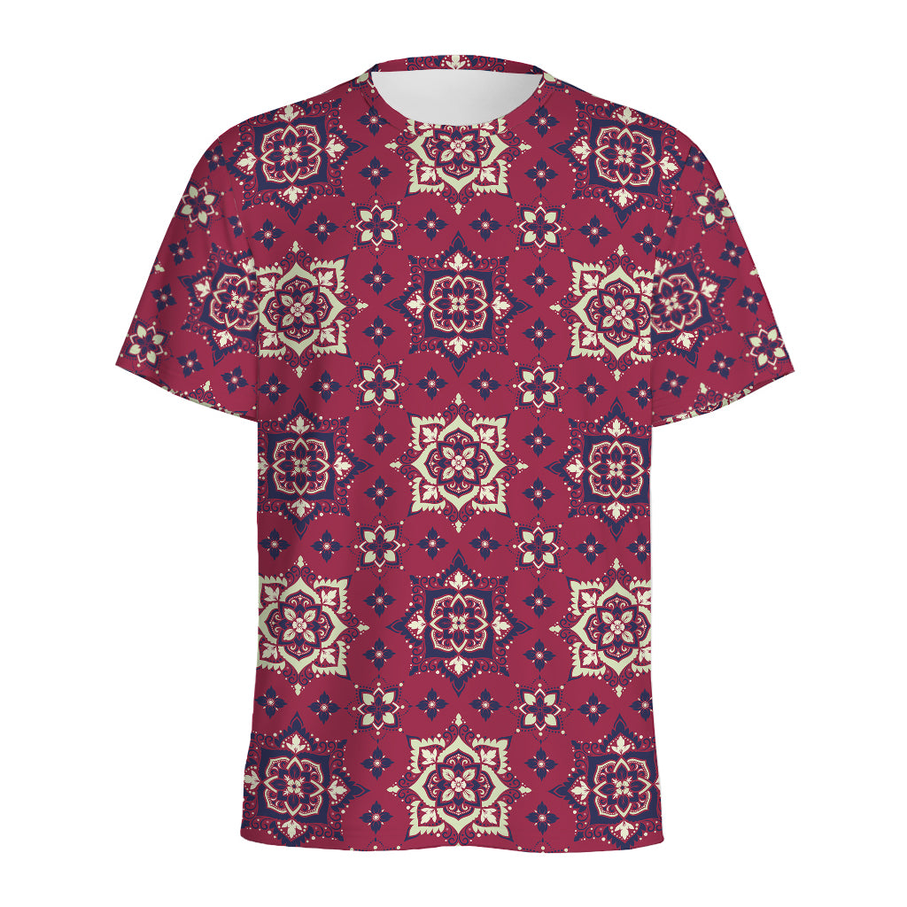 Red Boho Flower Pattern Print Men's Sports T-Shirt