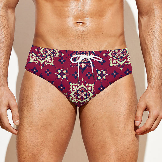 Red Boho Flower Pattern Print Men's Swim Briefs