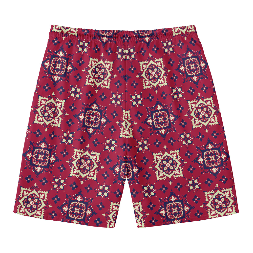 Red Boho Flower Pattern Print Men's Swim Trunks