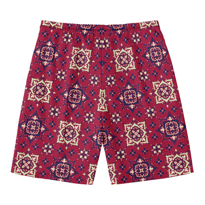 Red Boho Flower Pattern Print Men's Swim Trunks