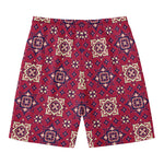 Red Boho Flower Pattern Print Men's Swim Trunks
