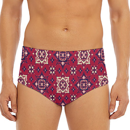 Red Boho Flower Pattern Print Men's Triangle Swim Briefs