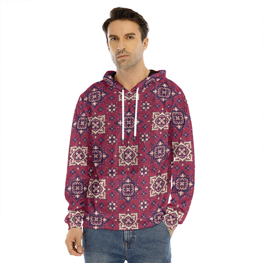 Red Boho Flower Pattern Print Men's Velvet Pullover Hoodie