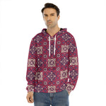 Red Boho Flower Pattern Print Men's Velvet Pullover Hoodie