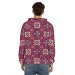Red Boho Flower Pattern Print Men's Velvet Pullover Hoodie