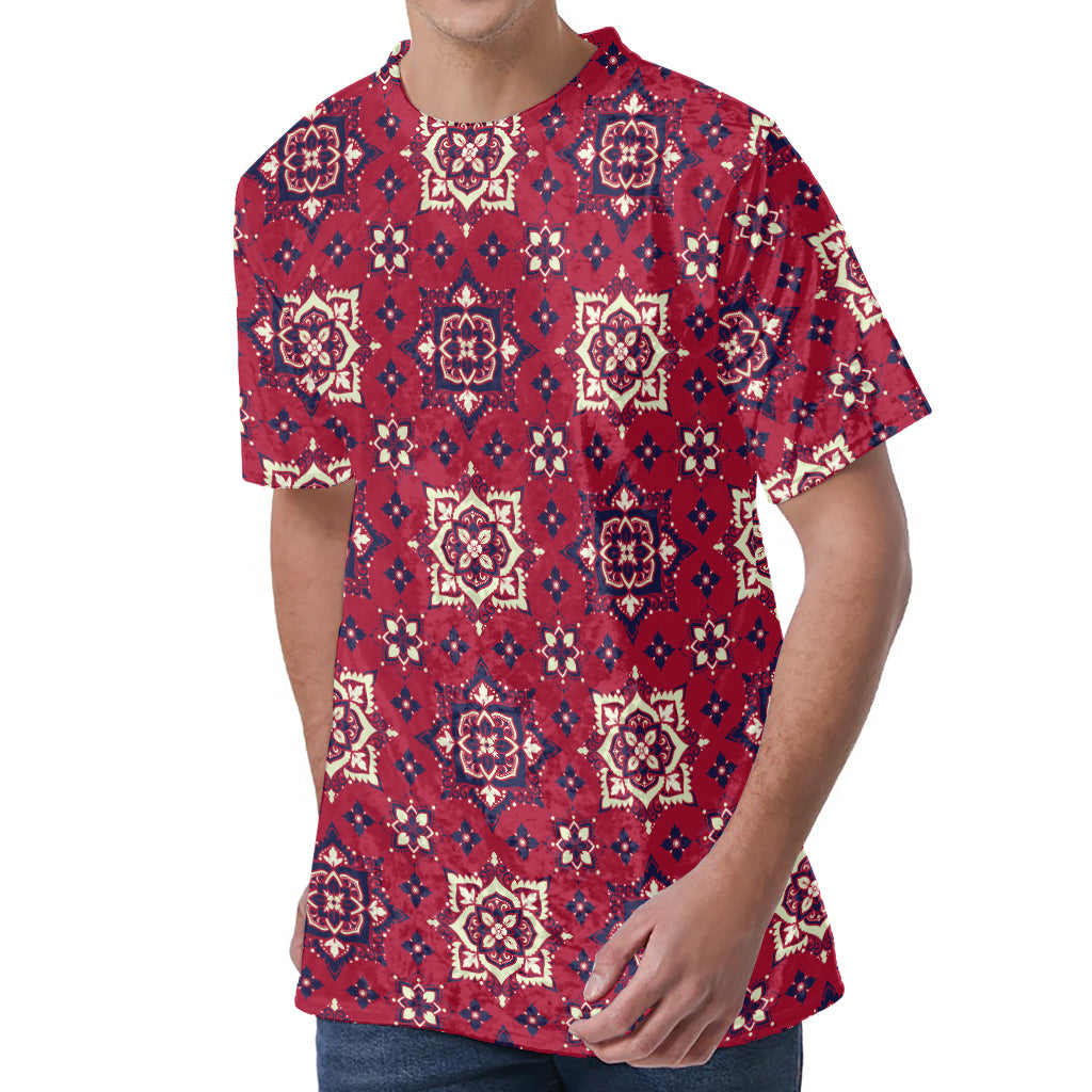 Red Boho Flower Pattern Print Men's Velvet T-Shirt