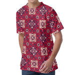 Red Boho Flower Pattern Print Men's Velvet T-Shirt