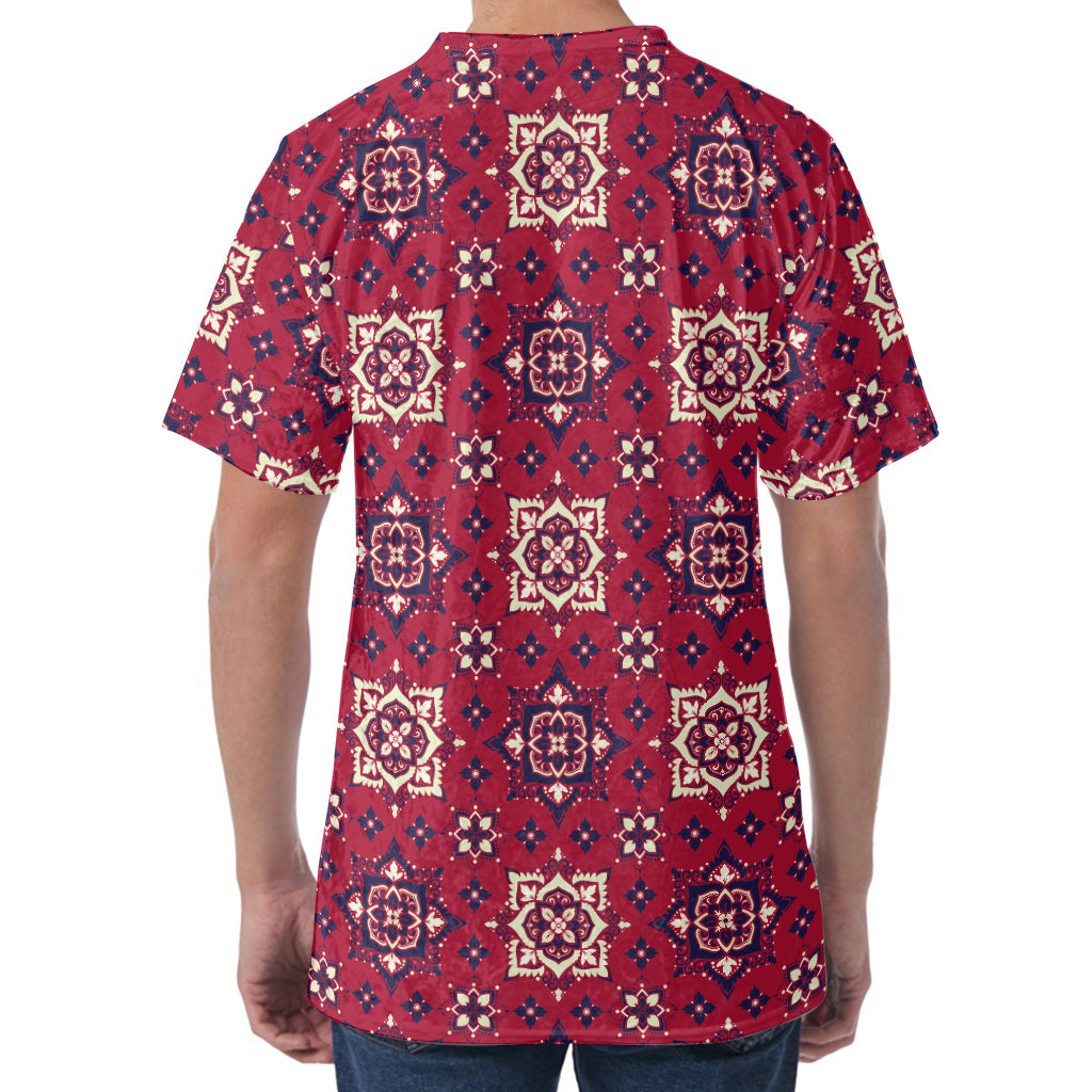 Red Boho Flower Pattern Print Men's Velvet T-Shirt