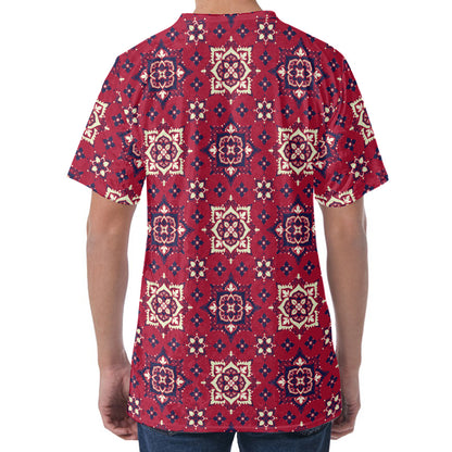 Red Boho Flower Pattern Print Men's Velvet T-Shirt