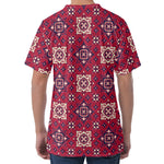 Red Boho Flower Pattern Print Men's Velvet T-Shirt