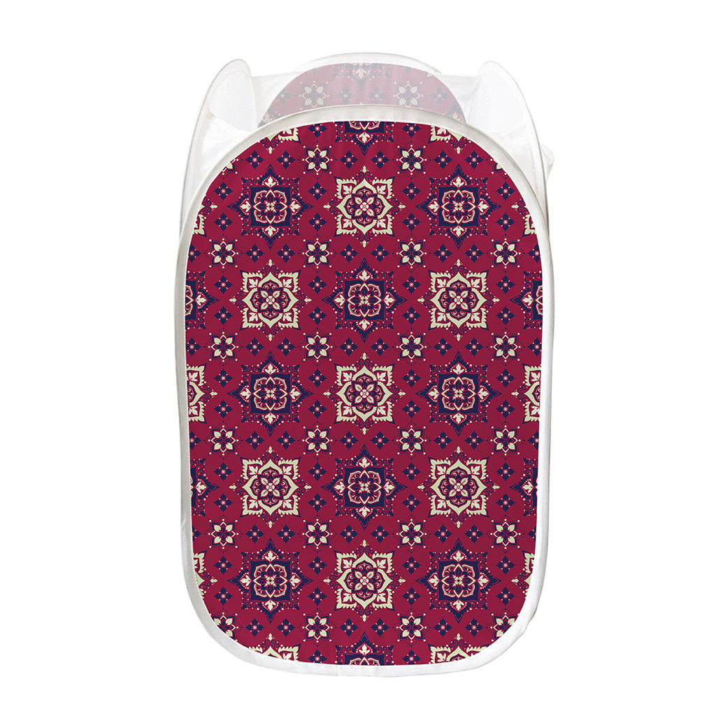 Red Boho Flower Pattern Print Mesh Laundry Hamper