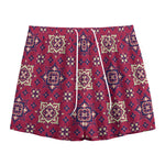 Red Boho Flower Pattern Print Mesh Shorts