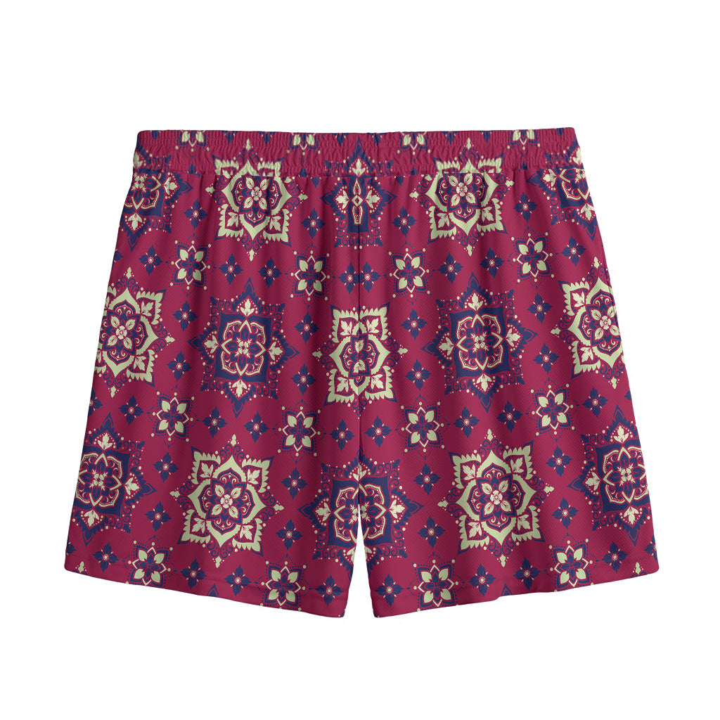 Red Boho Flower Pattern Print Mesh Shorts