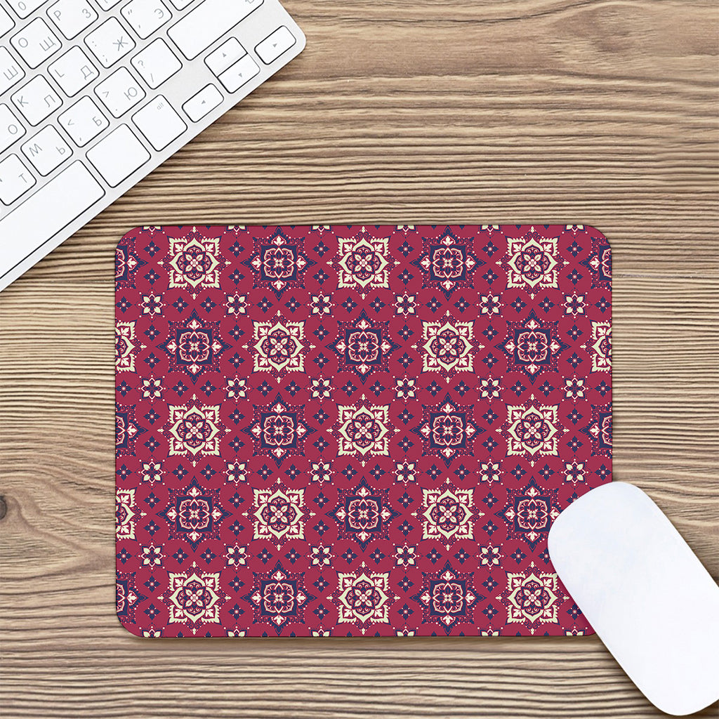 Red Boho Flower Pattern Print Mouse Pad