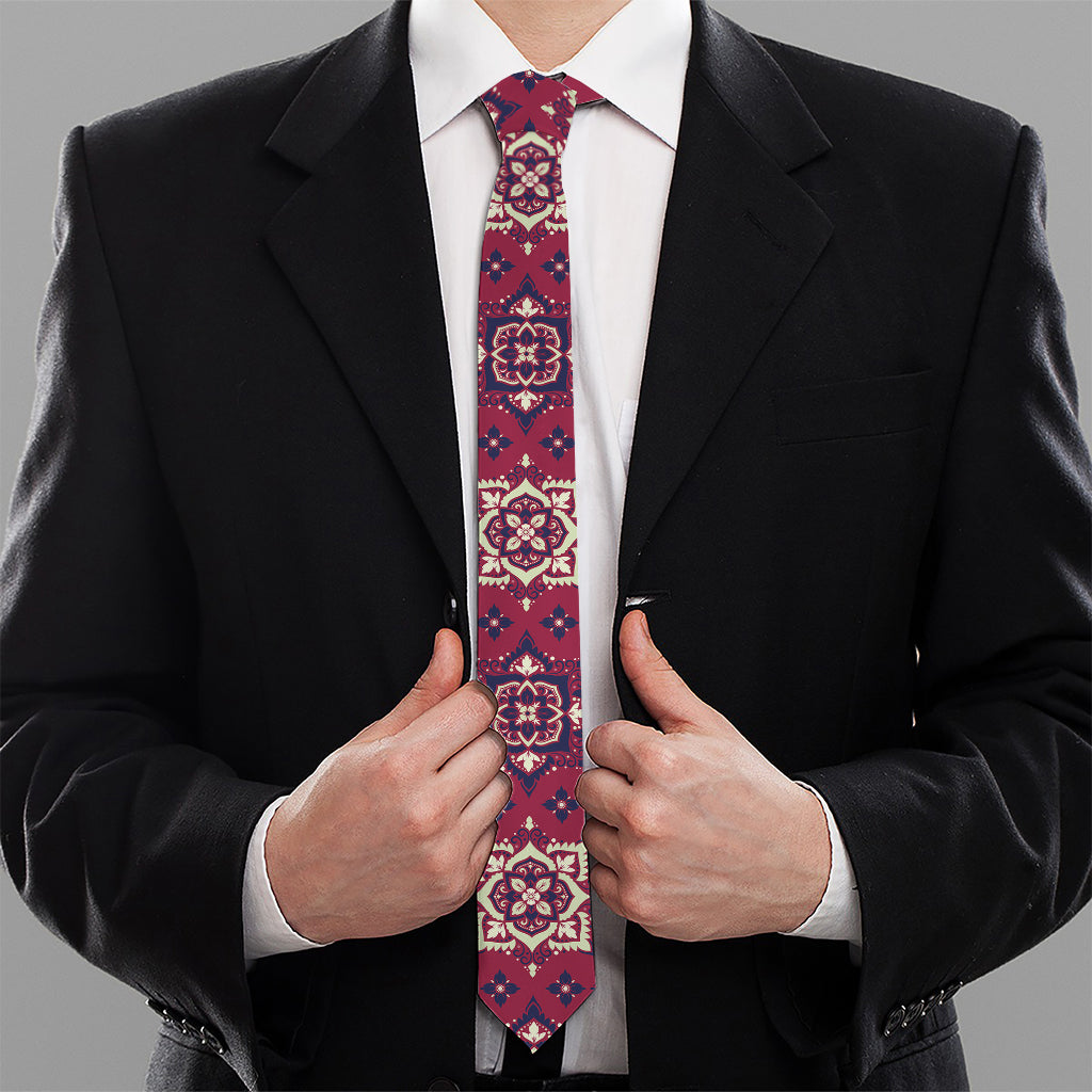 Red Boho Flower Pattern Print Necktie