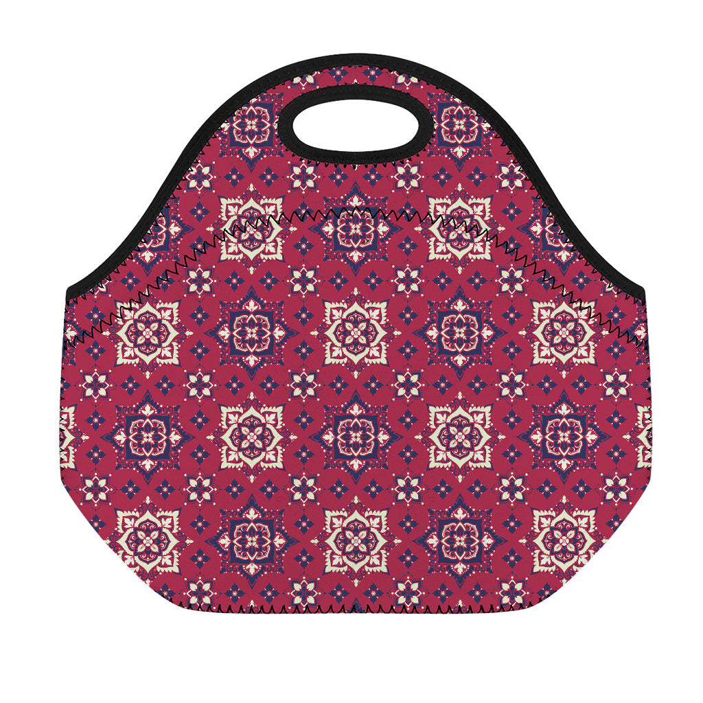Red Boho Flower Pattern Print Neoprene Lunch Bag