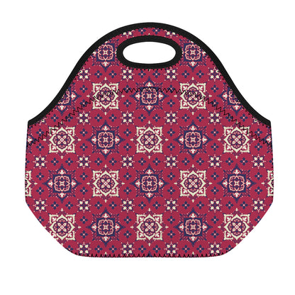 Red Boho Flower Pattern Print Neoprene Lunch Bag