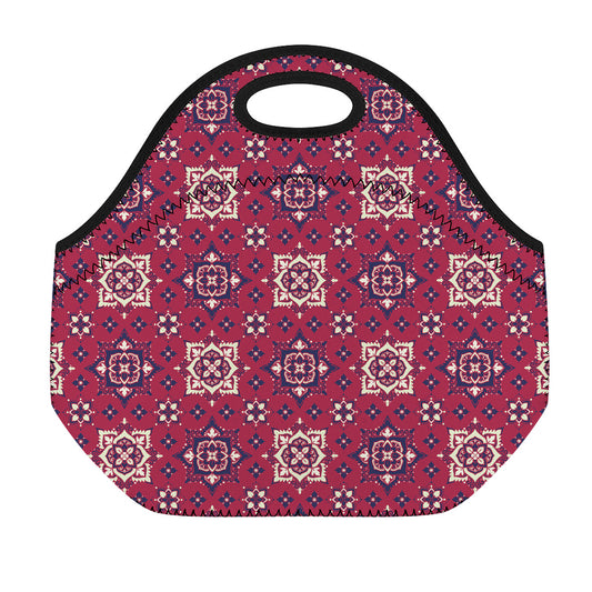 Red Boho Flower Pattern Print Neoprene Lunch Bag