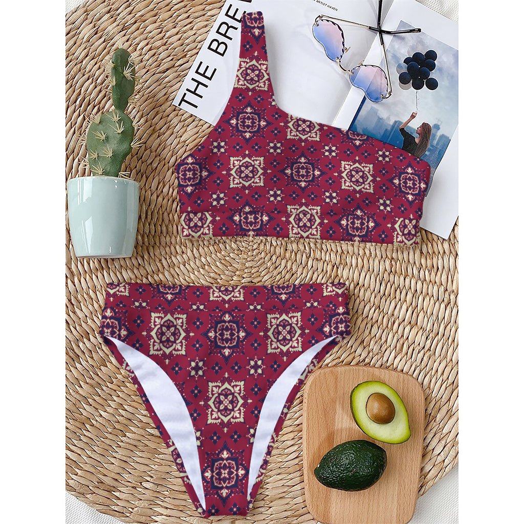 Red Boho Flower Pattern Print One Shoulder Bikini Top