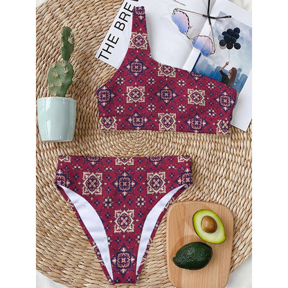 Red Boho Flower Pattern Print One Shoulder Bikini Top