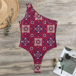 Red Boho Flower Pattern Print One Shoulder Bodysuit