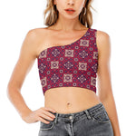 Red Boho Flower Pattern Print One Shoulder Crop Top