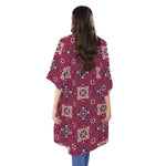 Red Boho Flower Pattern Print Open Front Beach Cover Up