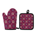 Red Boho Flower Pattern Print Oven Mitt And Pot Holder Set