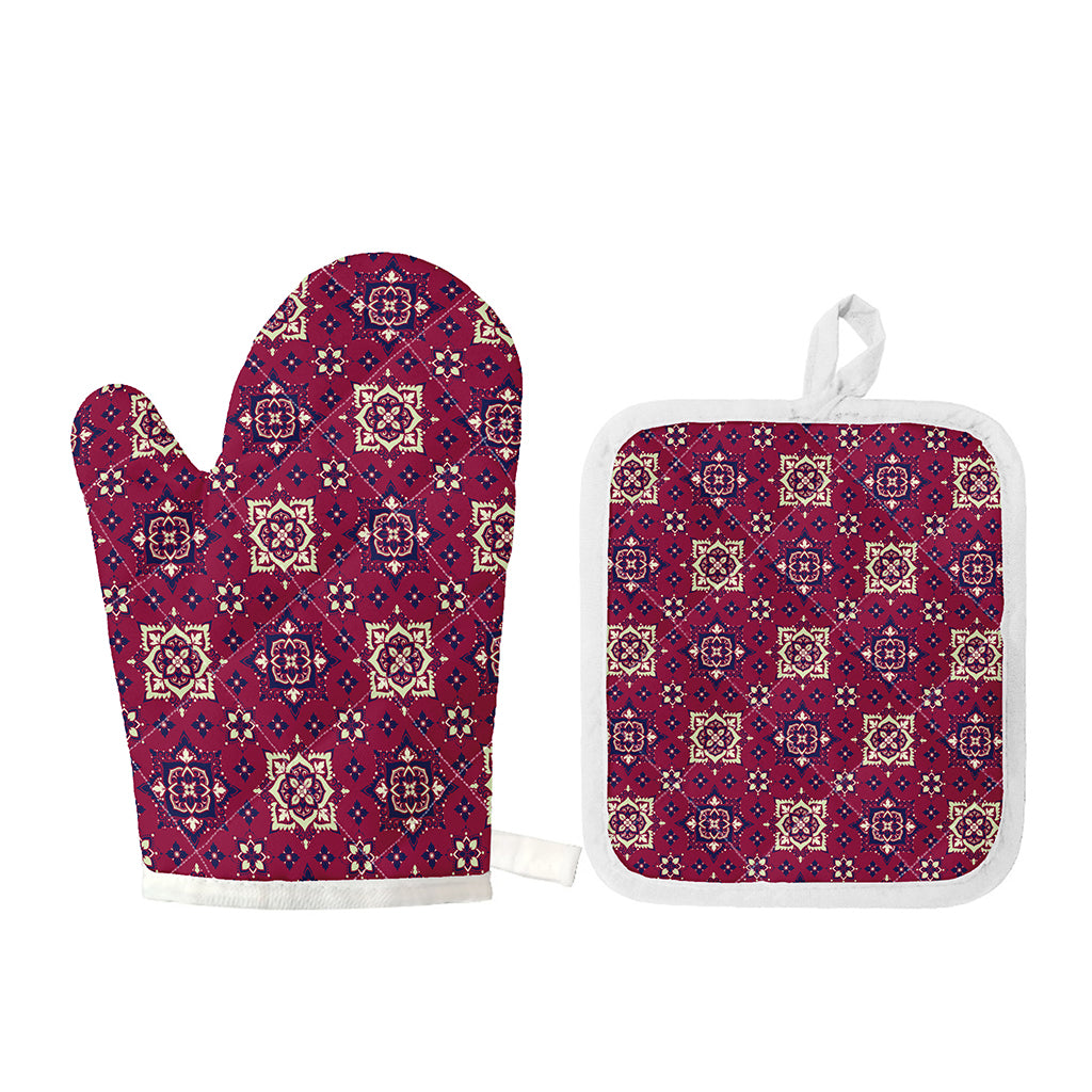 Red Boho Flower Pattern Print Oven Mitt And Pot Holder Set