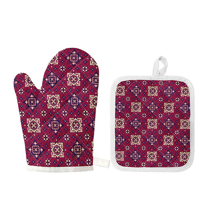 Red Boho Flower Pattern Print Oven Mitt And Pot Holder Set